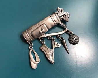 Vintage JJ Jonette Pewter Dangle Brooch with Golf Bag and Equipment