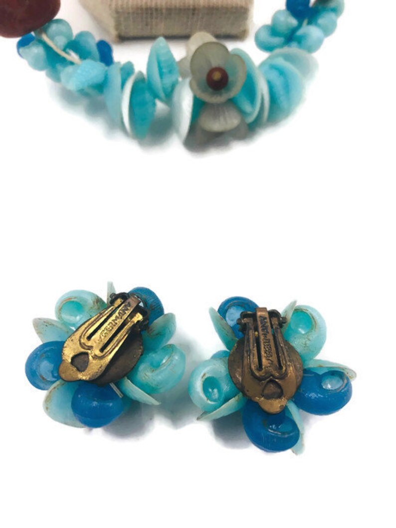 Vintage 1950s Shell and Flower Celluloid Necklace and Clip on Earrings set Signed West Germany