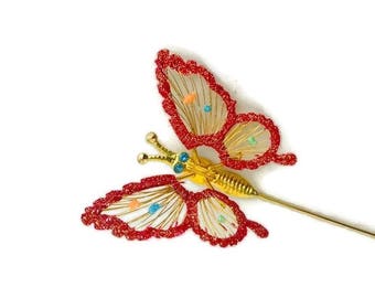 Vintage Gold Tone Butterfly Glitter Hat Pin