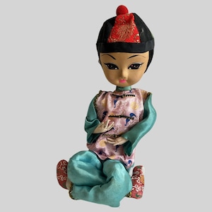 Vintage Big Eyes Asain Doll Mid Century Mod Bradley Style Doll Cross Legs 11”