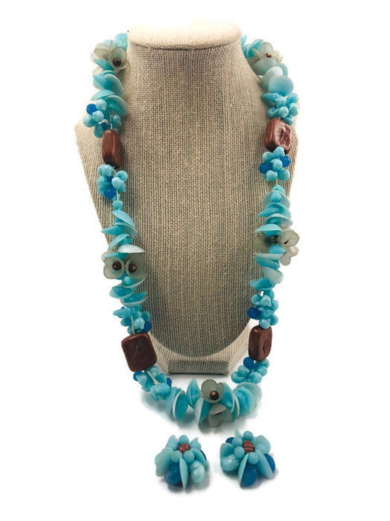 Vintage 1950s Shell and Flower Celluloid Necklace and Clip on Earrings set Signed West Germany