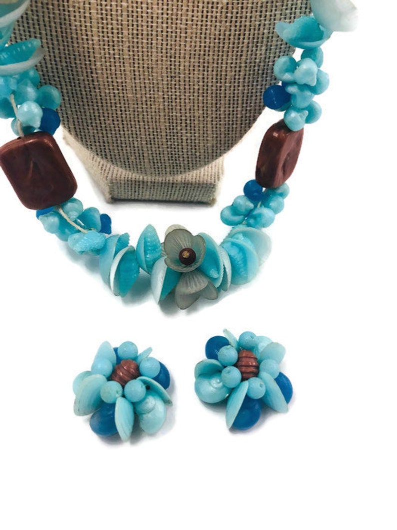 Vintage 1950s Shell and Flower Celluloid Necklace and Clip on Earrings set Signed West Germany