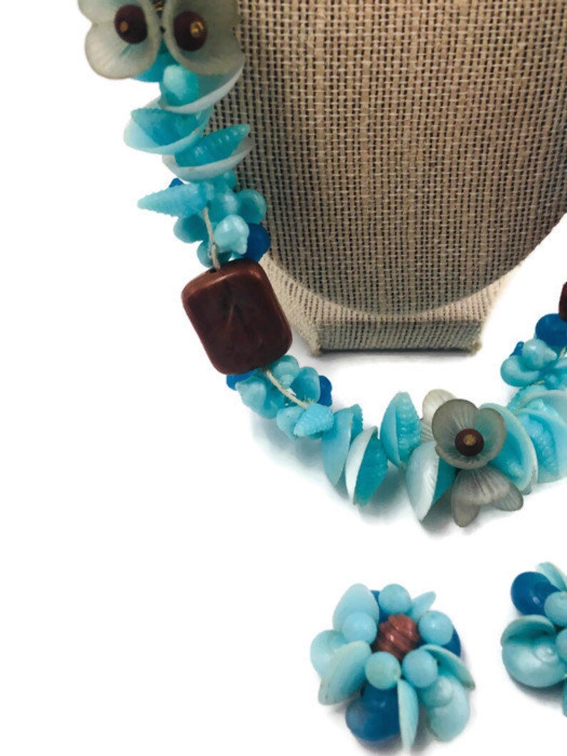 Vintage 1950s Shell and Flower Celluloid Necklace and Clip on Earrings set Signed West Germany