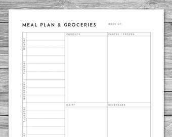 Printable Minimalist Weekly Meal Planner, Grocery List, Instant Download, Template, A4, 8.5 x 11