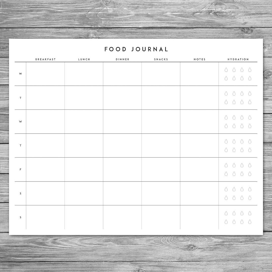 Printable Minimalist Food Journal, Weekly Food Journal With Hydration ...