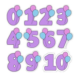 May include: A set of purple number cutouts from zero to ten, each adorned with two balloons, one pink and one blue. The numbers have a white outline, creating a playful and festive design, perfect for birthday decorations or party favors.