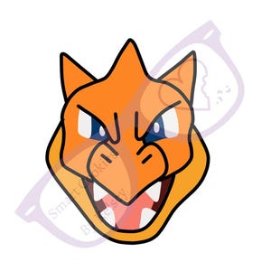 May include: A cartoon illustration of a fiery orange and yellow creature with a wide open mouth, sharp teeth, and blue eyes. The creature has a spiky head and a fierce expression.