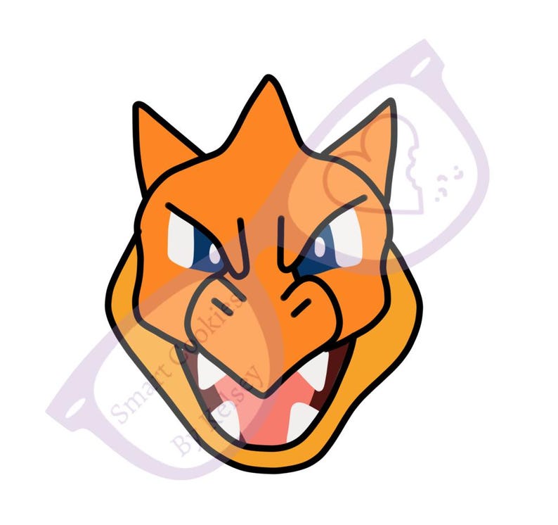 May include: A cartoon illustration of a fiery orange and yellow creature with a wide open mouth, sharp teeth, and blue eyes. The creature has a spiky head and a fierce expression.