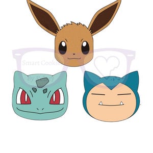 May include: Three cartoon character faces from the Pokemon franchise. The faces are of Eevee, Bulbasaur, and Squirtle. Eevee is brown with large ears and brown eyes. Bulbasaur is green with red eyes and a brown bulb on its head. Squirtle is blue with brown eyes and a shell on its back.