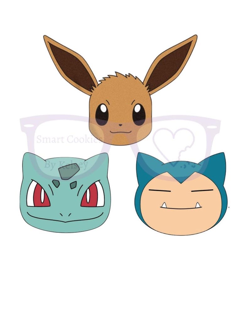 May include: Three cartoon character faces from the Pokemon franchise. The faces are of Eevee, Bulbasaur, and Squirtle. Eevee is brown with large ears and brown eyes. Bulbasaur is green with red eyes and a brown bulb on its head. Squirtle is blue with brown eyes and a shell on its back.