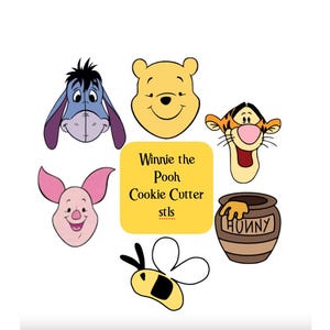 Peut inclure: Un ensemble d'emporte-pièces Winnie l'ourson représentant Winnie l'ourson, Porcinet, Tigrou, Bourriquet et une abeille. Les emporte-pièces sont jaunes, orange, rose, bleu et noir. Le texte "Winnie the Pooh Cookie Cutter stls" est écrit en jaune sur fond blanc.