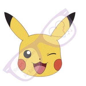 May include: A yellow cartoon character with black ears and a red cheek. The character is winking and has a big smile. The character is from the Pokemon franchise.