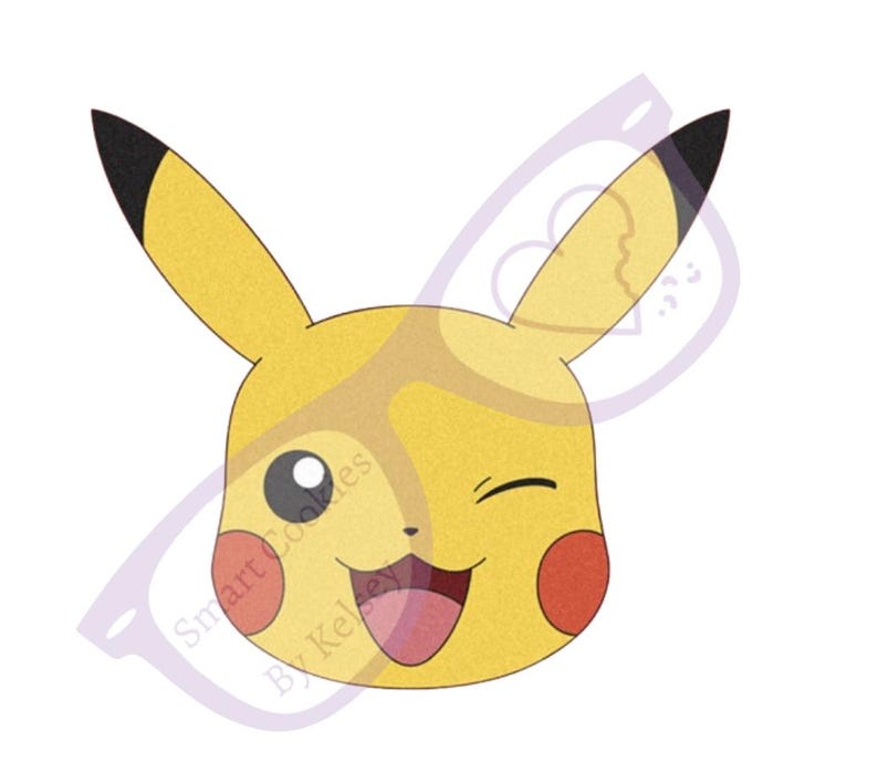 May include: A yellow cartoon character with black ears and a red cheek. The character is winking and has a big smile. The character is from the Pokemon franchise.