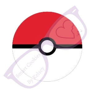 May include: A red and white Poke Ball with a black outline. The Poke Ball is a popular symbol from the Pokemon franchise.