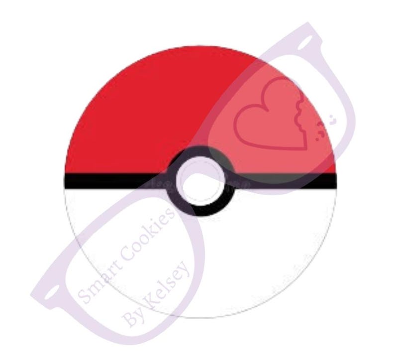 May include: A red and white Poke Ball with a black outline. The Poke Ball is a popular symbol from the Pokemon franchise.