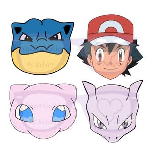 May include: Four cartoon character heads from the Pokemon franchise. The characters are blue and yellow Blastoise, red and white Ash Ketchum, pink and blue Mewtwo, and purple and pink Mew.