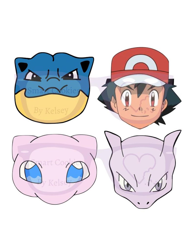 May include: Four cartoon character heads from the Pokemon franchise. The characters are blue and yellow Blastoise, red and white Ash Ketchum, pink and blue Mewtwo, and purple and pink Mew.