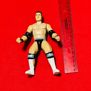 May include: A wrestling action figure with black and white details. The figure is posed with arms raised and fists clenched. The figure is standing on a red surface.