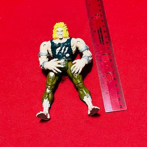 May include: A green and brown action figure of a character with yellow hair and sharp claws. The figure is wearing a black tank top and brown pants. The figure is about 6 inches tall.