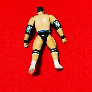 May include: A black and white wrestling action figure with black knee pads and blue and white arm bands. The figure is posed with arms outstretched and legs spread apart.