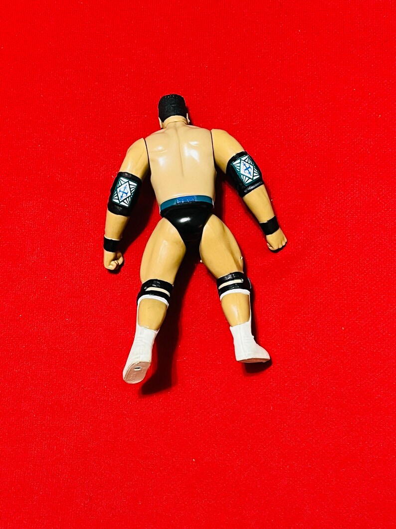 May include: A black and white wrestling action figure with black knee pads and blue and white arm bands. The figure is posed with arms outstretched and legs spread apart.