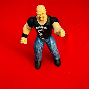 1998 WWF Steve Austin! Blue pants Vintage Wrestling action figure + 1 Trading card! Jakks Pacific Bone Crunch series! 90s Toys,Gifts.