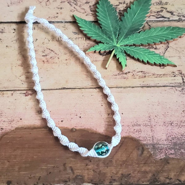 Custom Hemp Necklace | Luminous Teal Lampwork Glass Bead White Spiral Thick Hemp Necklace | Boho | Macrame | Hemp Jewelry