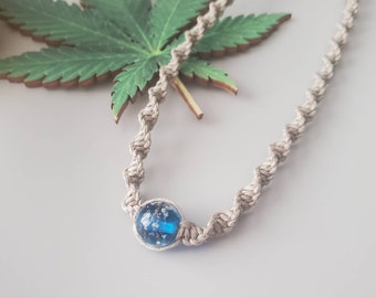 Custom Hemp Necklace | Luminous Blue Lampwork Glass Bead Natural Thick Necklace | Macrame | Hemp Jewelry