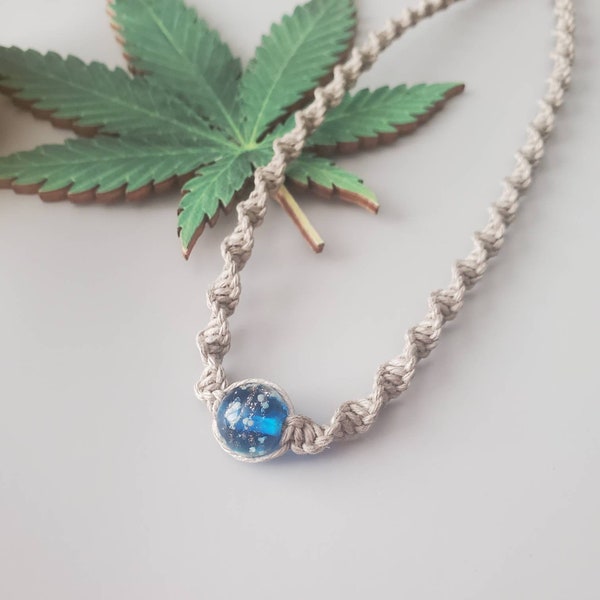 Custom Hemp Necklace | Luminous Blue Lampwork Glass Bead Natural Thick Necklace | Macrame | Hemp Jewelry