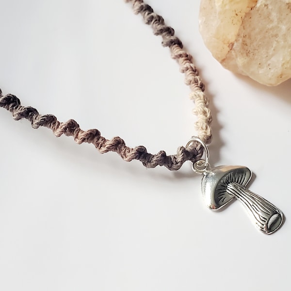 Hemp Necklace: Silver Mushroom Pendant, Boho Macrame Jewelry