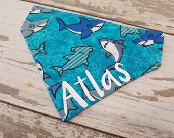 Personalized Shark Ocean Dog Bandana, over the collar, slide on, cat bandana, dog scarf,  neckerchief