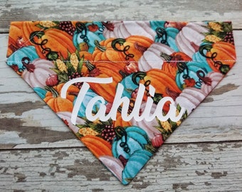 Personalized Teal Pumpkin Dog Bandana, over the collar, slide on, cat bandana, dog scarf, neckerchief