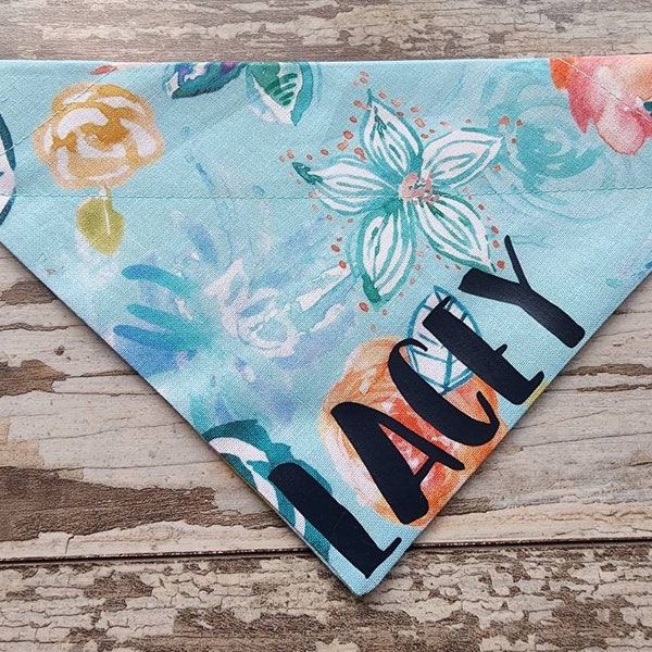 Personalized Teal & Coral Floral Bandana, Slides on over the collar, cat bandana, dog scarf