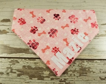 Personalized Dog Bandana Pink with paw print/bones, over the collar, girl dog, custom bandana, dog scarf