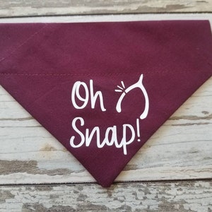May include: Burgundy dog bandana with white text that reads "Oh Snap!" and a white horseshoe graphic.