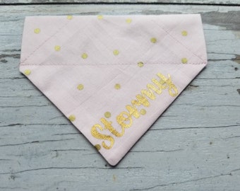 Personalized Pink & Gold Polka Dots Bandana, Slides on over the collar, dog scarf, cat bandana