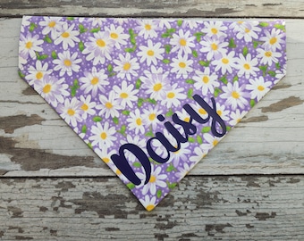 Personalized Purple Daisy Dog Bandana, Slide On Over the Collar bandana, dog scarf, cat bandana