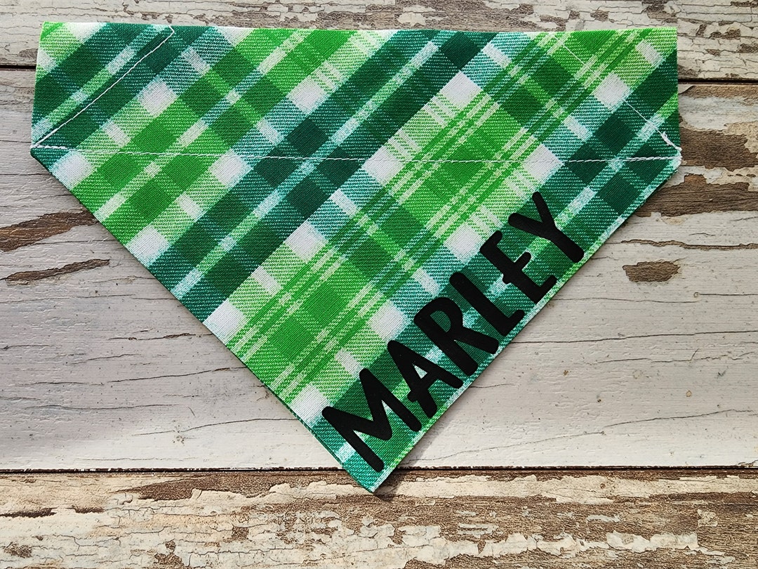 Personalized Lucky Green Plaid Dog Bandana, Slides on Over the Collar