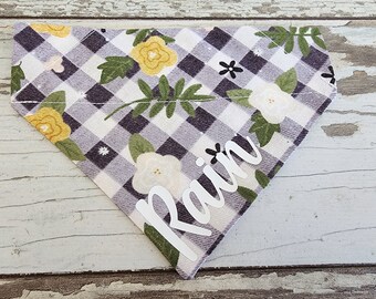 Personalized Gingham Floral Bandana, Slides on over the collar, cat bandana, dog scarf