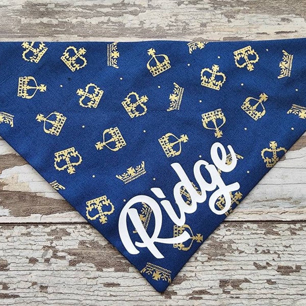 Personalized Navy Prince Crown Dog Bandana, slides on over the collar, cat bandana, dog scarf, king