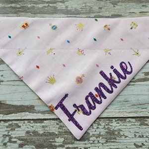 Personalized Pink Princess Crowns Dog Bandana, slides on over the collar, cat bandana, dog scarf