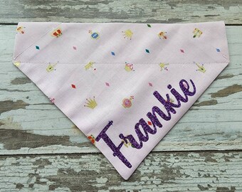 Personalized Pink Princess Crowns Dog Bandana, slides on over the collar, cat bandana, dog scarf