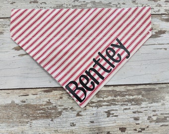 Personalized Red Ticking Stripe Dog Bandana, Slides on over the collar, Cat Bandana, Dog Scarf, Neckerchief