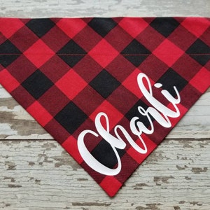 Red Buffalo Check Dog Bandana, Slides on over the collar, personalized, plaid, dog scarf, cat bandana, neckerchief