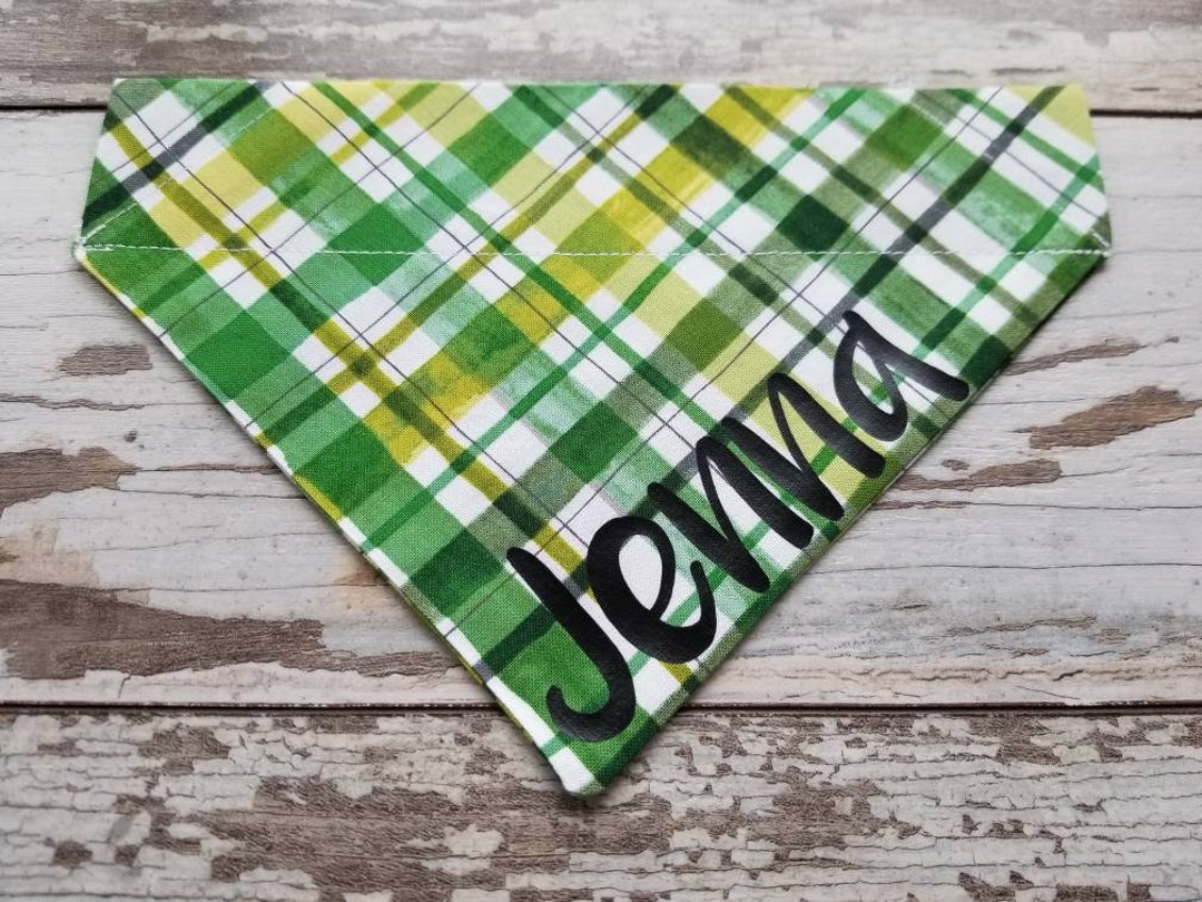 Personalized Green Plaid Dog Bandana, Slides on Over the Collar, Dog