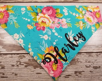 Personalized Dog Bandana Turquiose Floral, over the collar, pink, girl dog, custom bandana, dog scarf, cat bandana