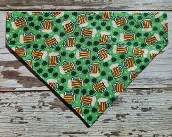 Personalized Shamrocks & Beer Dog Bandana, Slides on over the collar, dog scarf, cat bandana, St Patrick's Day