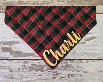 Personalized Christmas Plaid Dog Bandana, Slides Over the collar