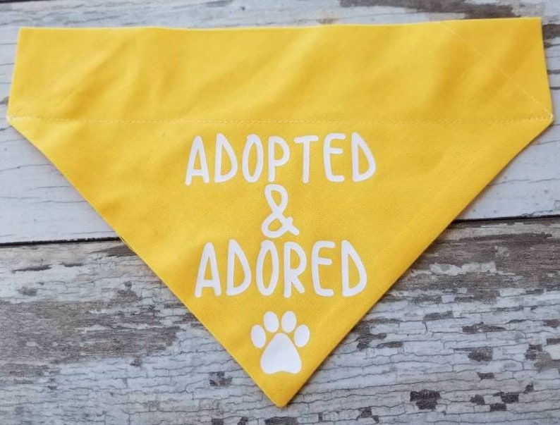May include: Yellow dog bandana with white text that reads "Adopted & Adored" and a white paw print.