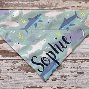 Personalized Sharks & Stingrays Dog Bandana, over the collar, slide on, cat bandana, dog scarf,  neckerchief